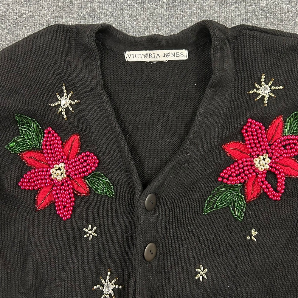 Victoria Jones Cardigan Womens Size M Black Beaded Poinsettia Christmas Sweater